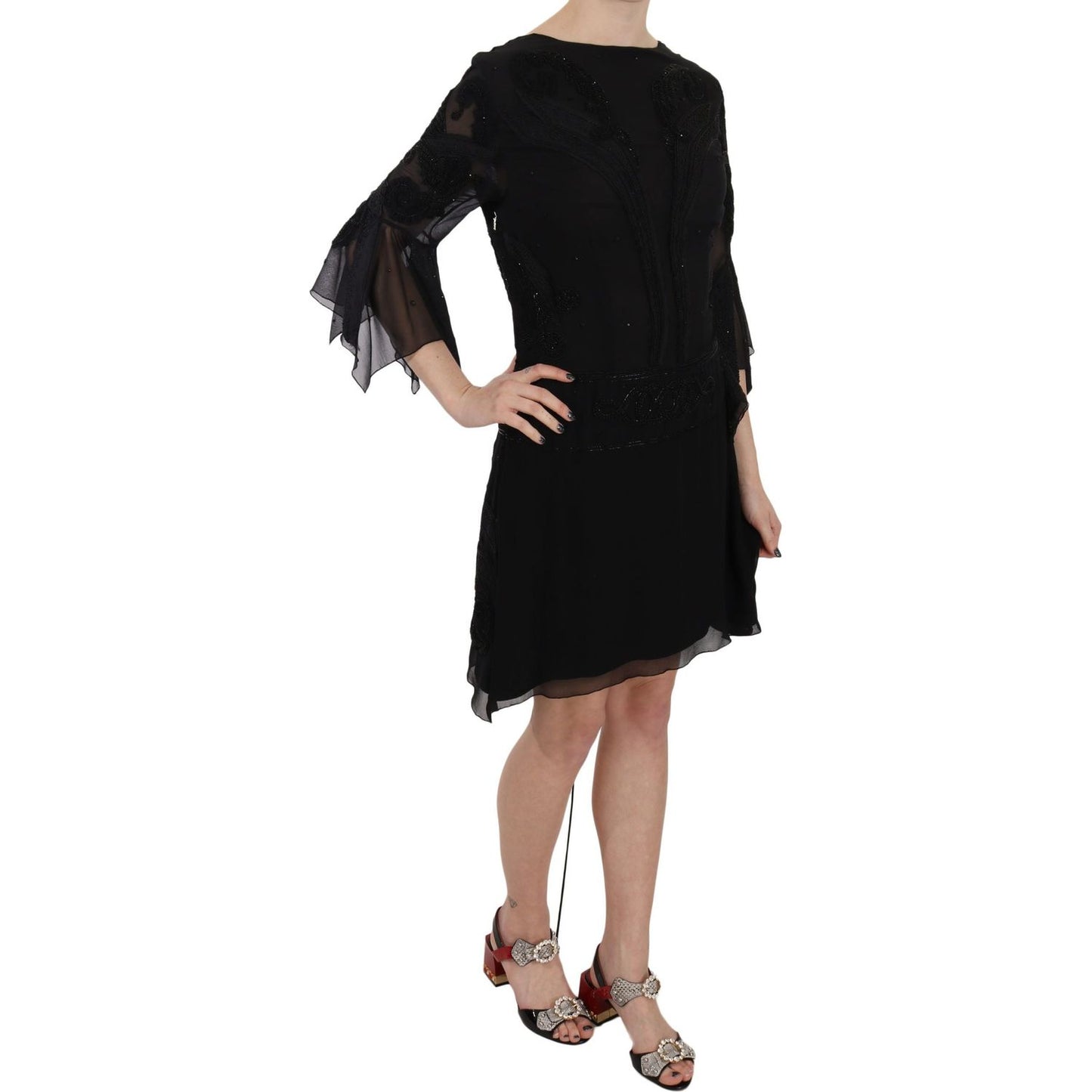 John Richmond Elegant Black Sequined Silk Mini Dress black-sequined-silk-mini-shift-gown