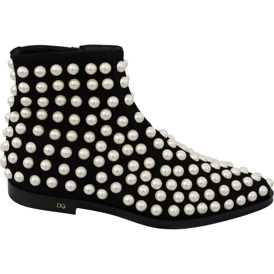 Dolce & Gabbana Chic Black Suede Ankle Boots with Pearls black-suede-pearl-studs-boots-shoes