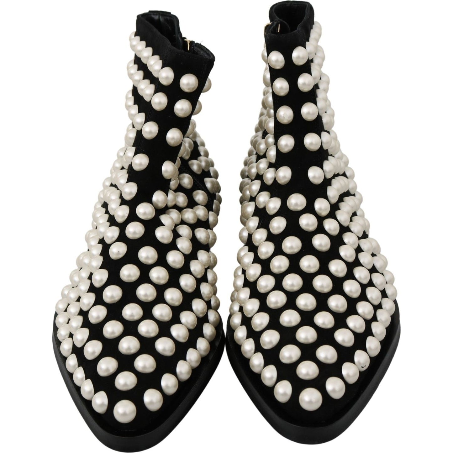 Dolce & Gabbana Chic Black Suede Ankle Boots with Pearls black-suede-pearl-studs-boots-shoes