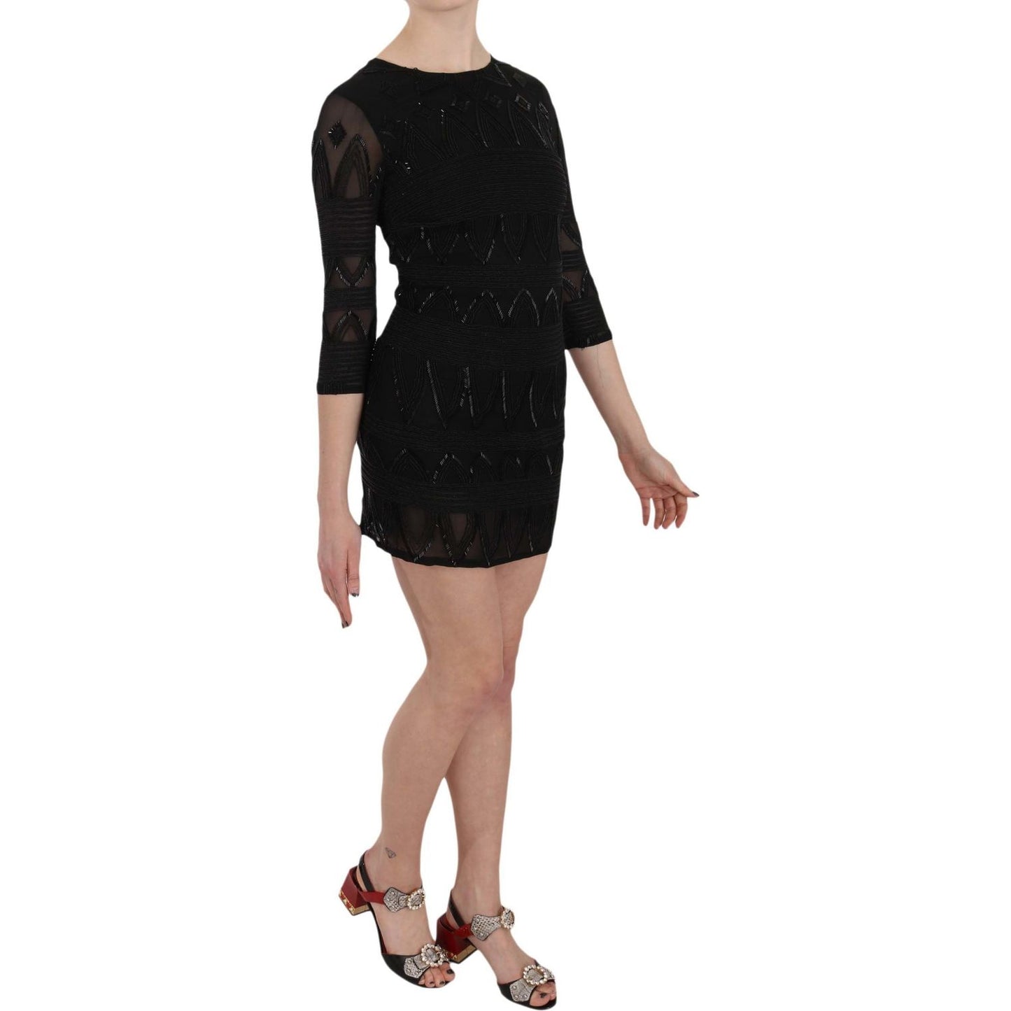 John Richmond Elegant Black Silk Mini Dress with Sequins black-silk-sequined-mini-shift-gown
