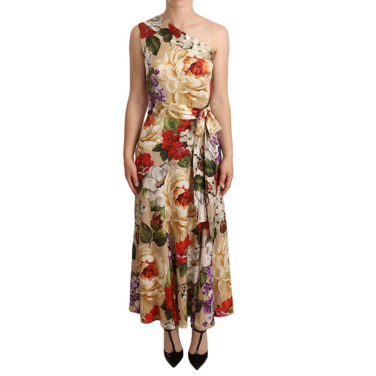 Dolce & Gabbana Elegant Floral One-Shoulder Silk Dress WOMAN DRESSES beige-one-shoulder-floral-mid-length-dress IMG_1476-scaled-7c91c17f-a15.jpg