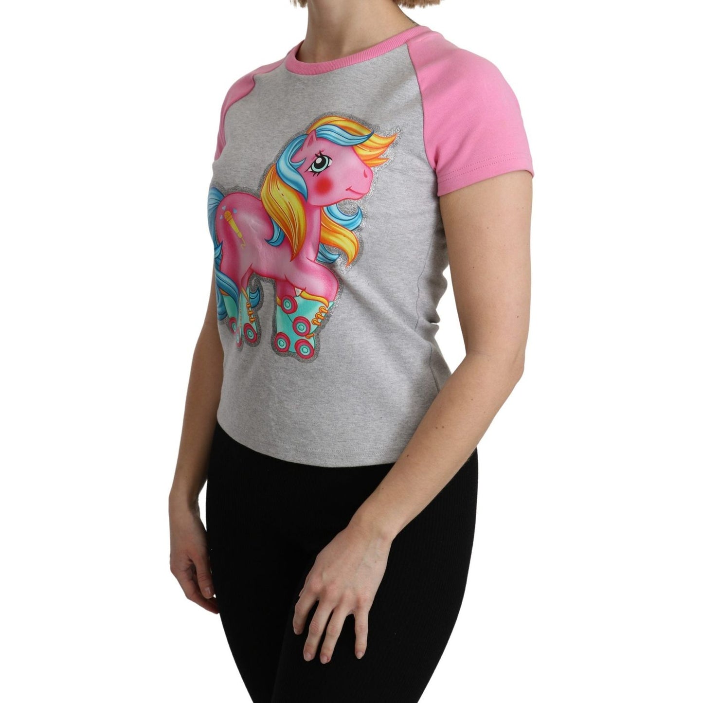 Moschino Chic Gray Crew Neck Cotton T-shirt with Pink Accents gray-and-pink-cotton-t-shirt-my-little-pony-top