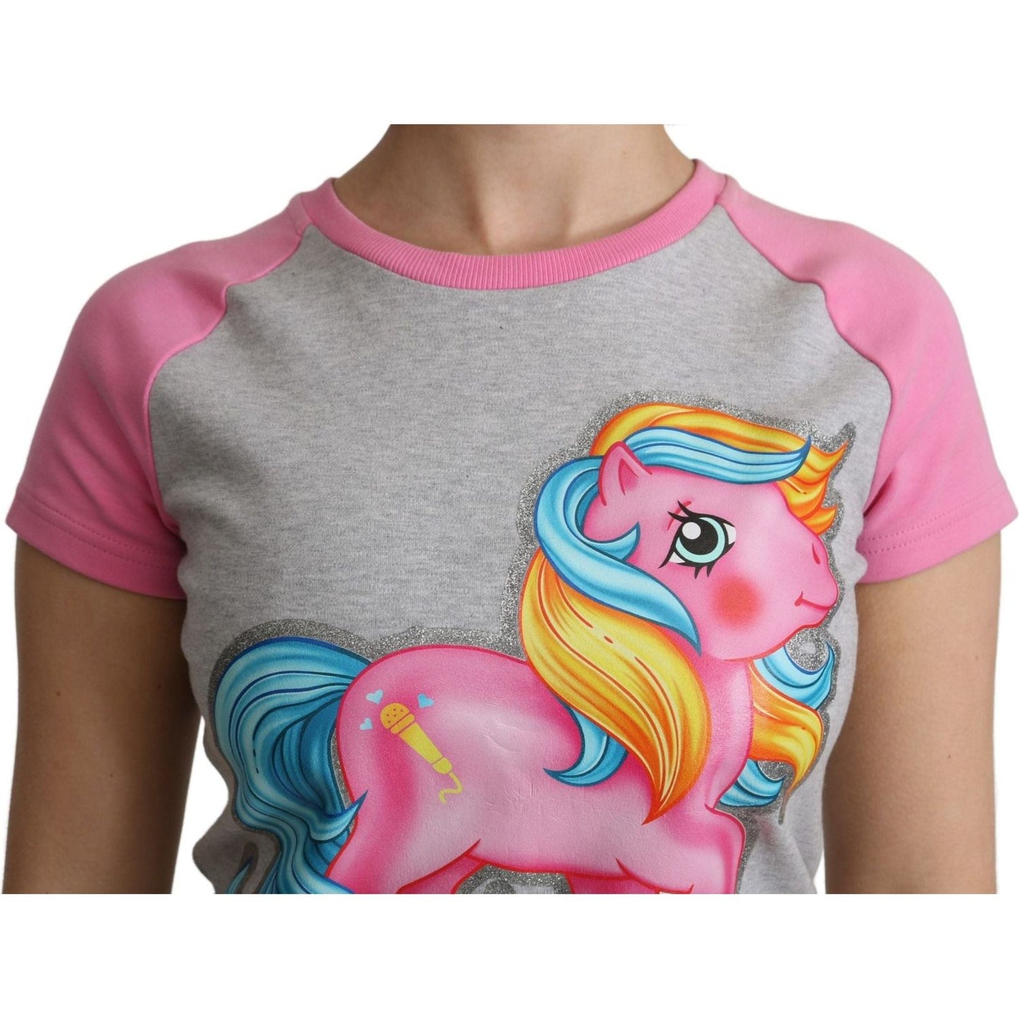 Moschino Chic Gray Crew Neck Cotton T-shirt with Pink Accents gray-and-pink-cotton-t-shirt-my-little-pony-top IMG_1484-scaled-9839bee5-ed4.jpg