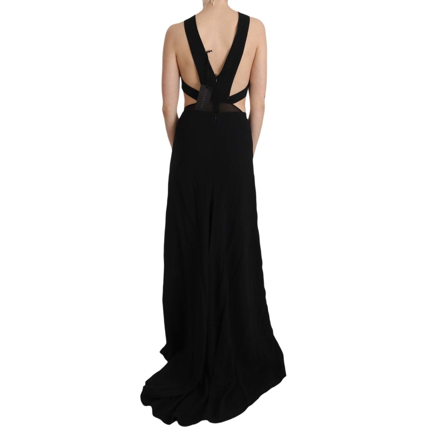 John Richmond Elegant Flare Maxi Evening Dress with Crystal Accents Dresses black-crystal-leather-gown-flare-dress