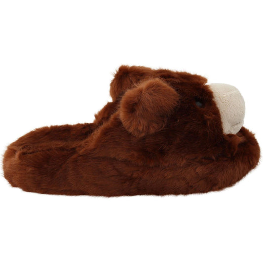 Dolce & Gabbana Teddy Bear Embellished Brown Loafers brown-teddy-bear-slippers-sandals-shoes