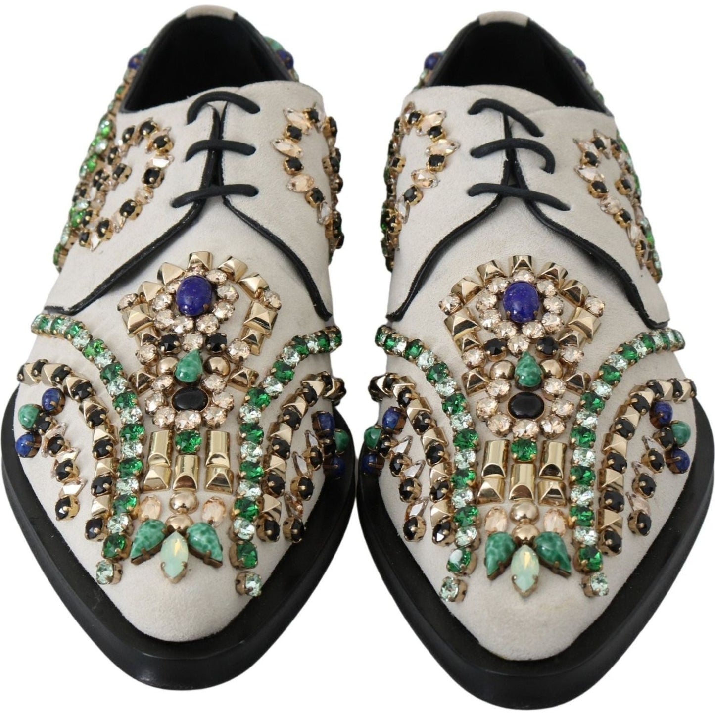 Dolce & Gabbana Elegant White Suede Dress Flats with Crystals white-suede-crystal-dress-broque-shoes