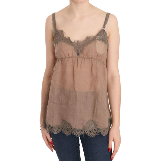 PINK MEMORIES Elegant Lace Brown Linen Blouse brown-lace-spaghetti-strap-plunging-top-blouse