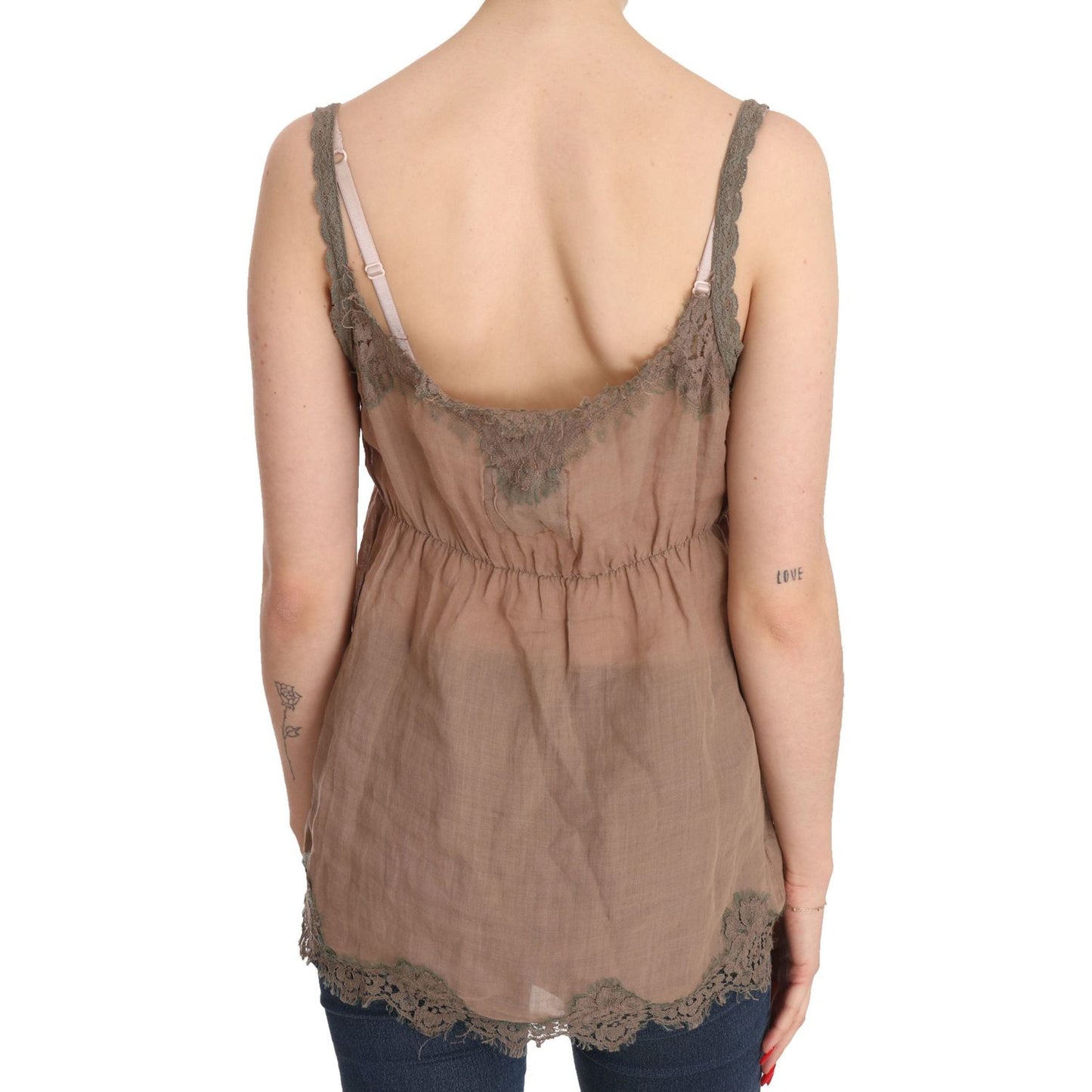 PINK MEMORIES Elegant Lace Brown Linen Blouse brown-lace-spaghetti-strap-plunging-top-blouse