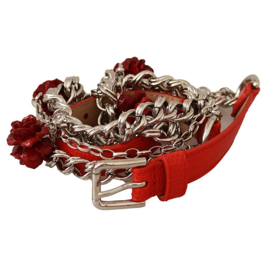 Dolce & Gabbana Elegant Floral Rose Waist Belt in Vibrant Red Belt red-leather-roses-floral-silver-waist-belt