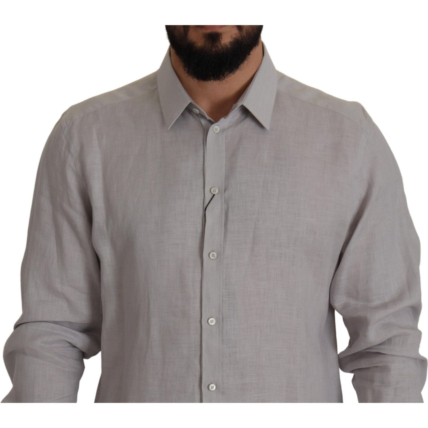 Dolce & Gabbana Elegant Grey Slim Fit Linen Shirt MAN SHIRTS gray-linen-long-sleeves-formal-gold-shirt