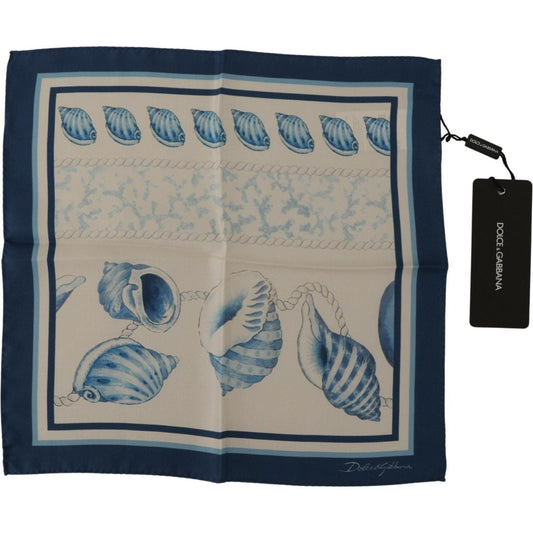 Dolce & Gabbana Elegant Blue Silk Men's Square Scarf white-blue-shells-print-square-handkerchief-scarf