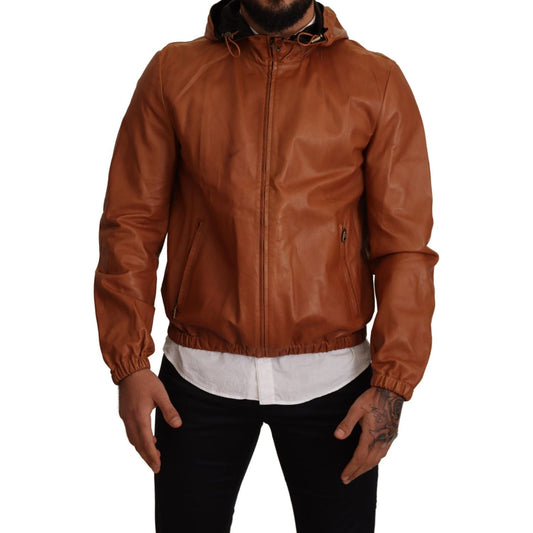 Dolce & Gabbana Elegant Brown Leather Bomber Jacket brown-leather-lambskin-hooded-coat-jacket IMG_1578-scaled-61dcccf7-54e.jpg