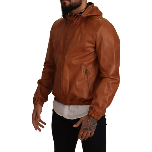 Dolce & Gabbana Elegant Brown Leather Bomber Jacket brown-leather-lambskin-hooded-coat-jacket IMG_1579-scaled-68f3beaa-f12.jpg