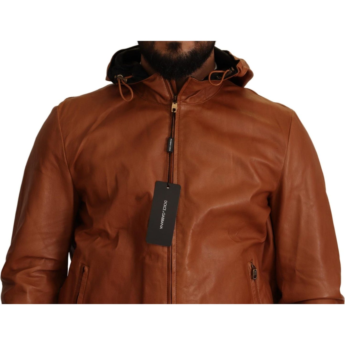 Dolce & Gabbana Elegant Brown Leather Bomber Jacket brown-leather-lambskin-hooded-coat-jacket