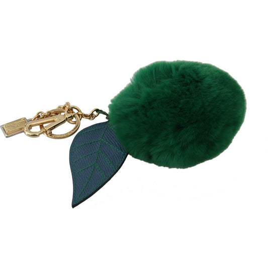 Dolce & Gabbana Elegant Tricolor Fur Ball Keychain green-leather-fur-gold-clasp-keyring-women-keychain Keychain