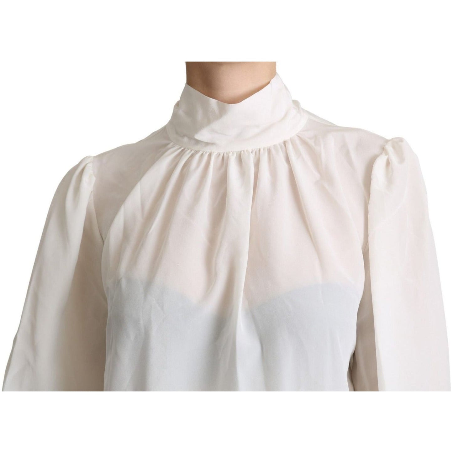 Dolce & Gabbana Elegant White Silk Pussy Bow Blouse white-silk-pussy-bow-long-sleeved-top-blouse