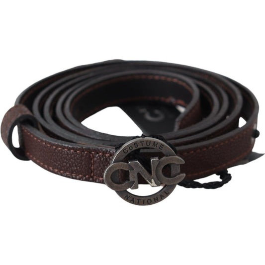 Costume National Elegant Brown Leather Belt with Rustic Hardware Belt brown-skinny-leather-round-logo-buckle-belt