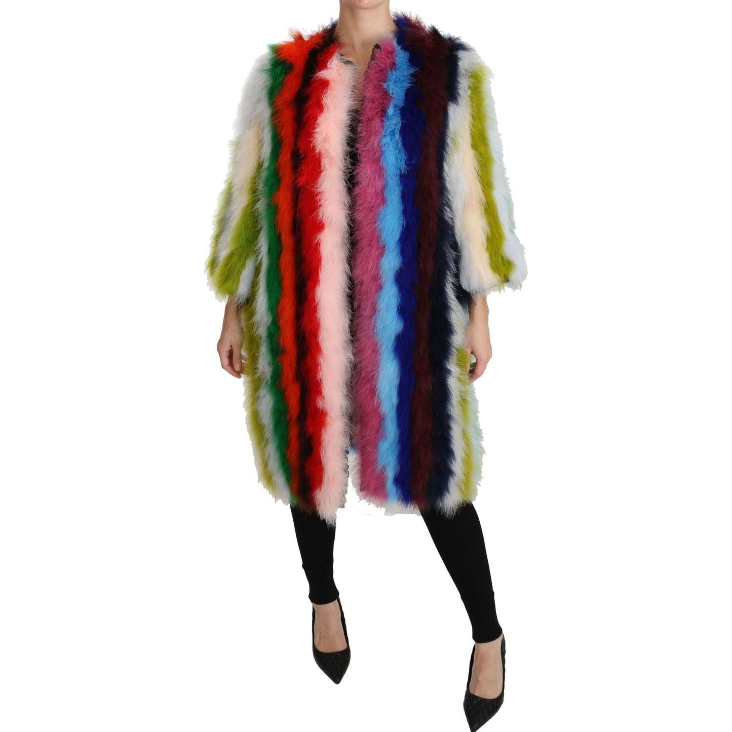 Dolce & Gabbana Elegant Multicolor Feather Long Coat Jacket Coats & Jackets multicolor-turkey-feather-cape-fur-coat