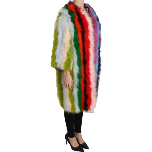 Dolce & Gabbana Elegant Multicolor Feather Long Coat Jacket Coats & Jackets multicolor-turkey-feather-cape-fur-coat