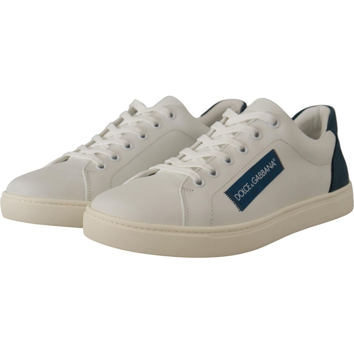 Dolce & Gabbana Chic White Leather Low-Top Sneakers white-blue-leather-low-top-sneakers-1 IMG_1887-scaled-b025c412-3f5.jpg