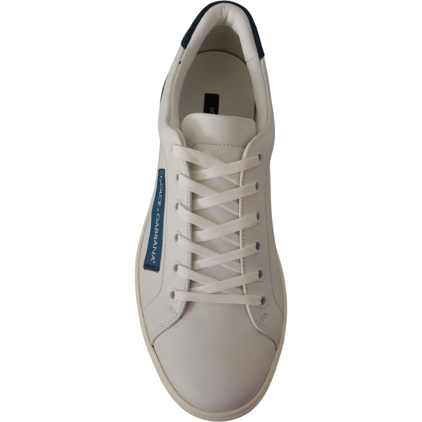 Dolce & Gabbana Chic White Leather Low-Top Sneakers white-blue-leather-low-top-sneakers-1 IMG_1895-scaled-facc225d-ceb.jpg