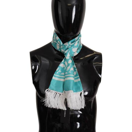 Dolce & Gabbana Elegant Teal Blue Silk Men's Scarf blue-whale-printed-shawl-wrap-fringe-silk-teal-scarf