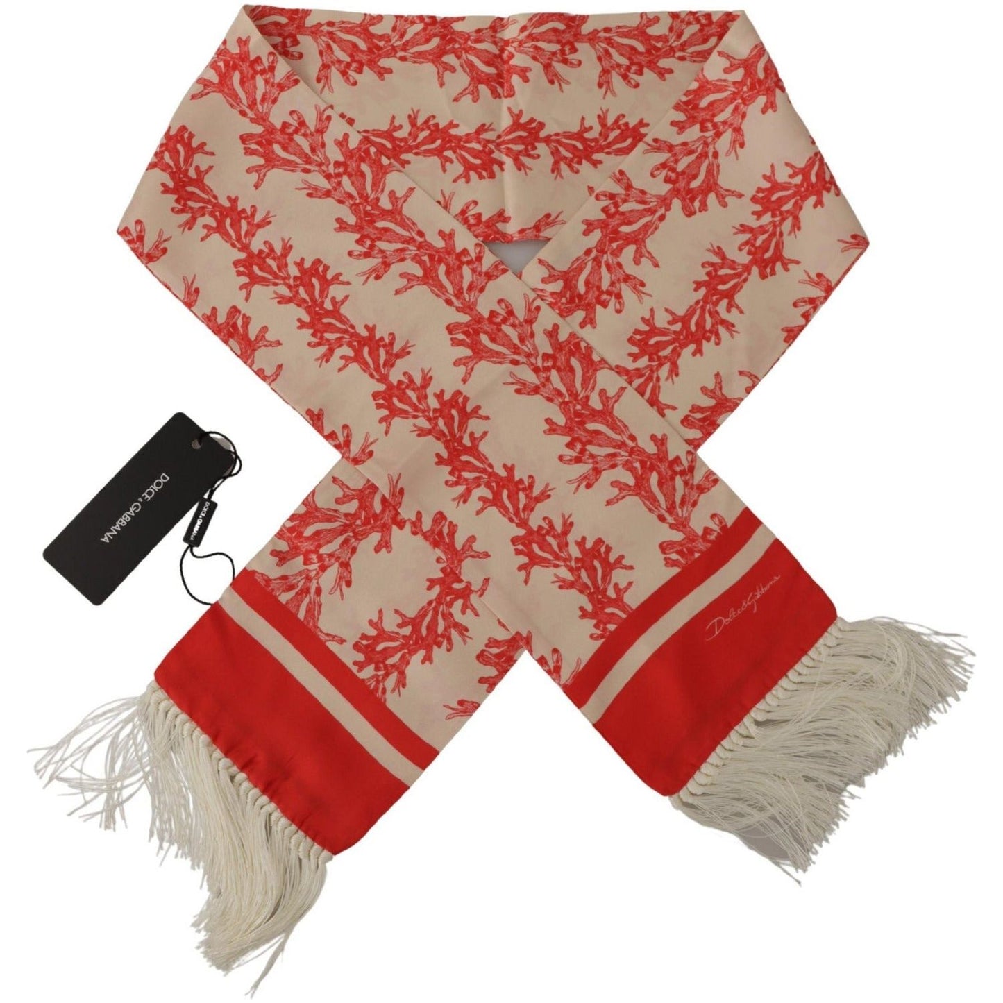 Dolce & Gabbana Elegant Silk Men's Scarf Wrap - Red Coral Print white-red-coral-print-shawl-wrap-fringe-scarf