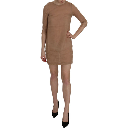 PINK MEMORIES Elegant Brown Shift Mini Dress brown-3-4-sleeve-crewneck-shift-mini-dress