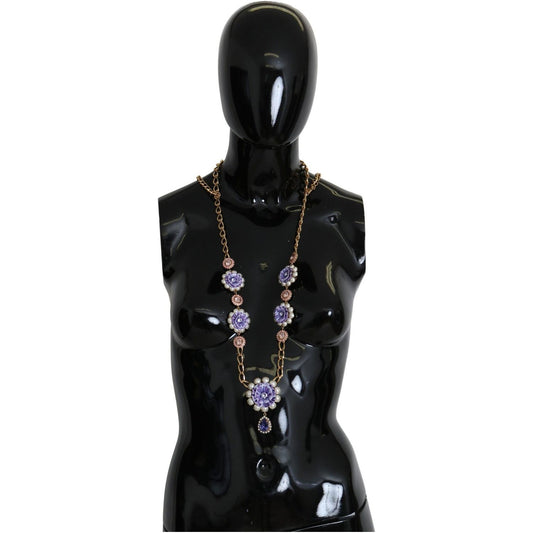 Dolce & Gabbana Elegant Gold-Tone Charm Necklace with Floral Motif Necklace gold-tone-floral-crystals-purple-embellished-necklace