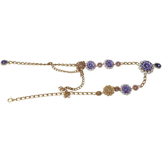 Dolce & Gabbana Elegant Gold-Tone Charm Necklace with Floral Motif Necklace gold-tone-floral-crystals-purple-embellished-necklace