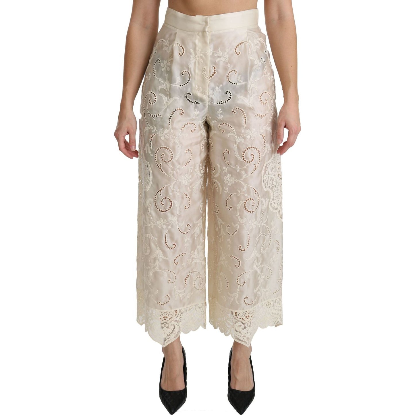 Dolce & Gabbana Elegant High Waist Palazzo Cropped Pants cream-lace-high-waist-palazzo-cropped-pants