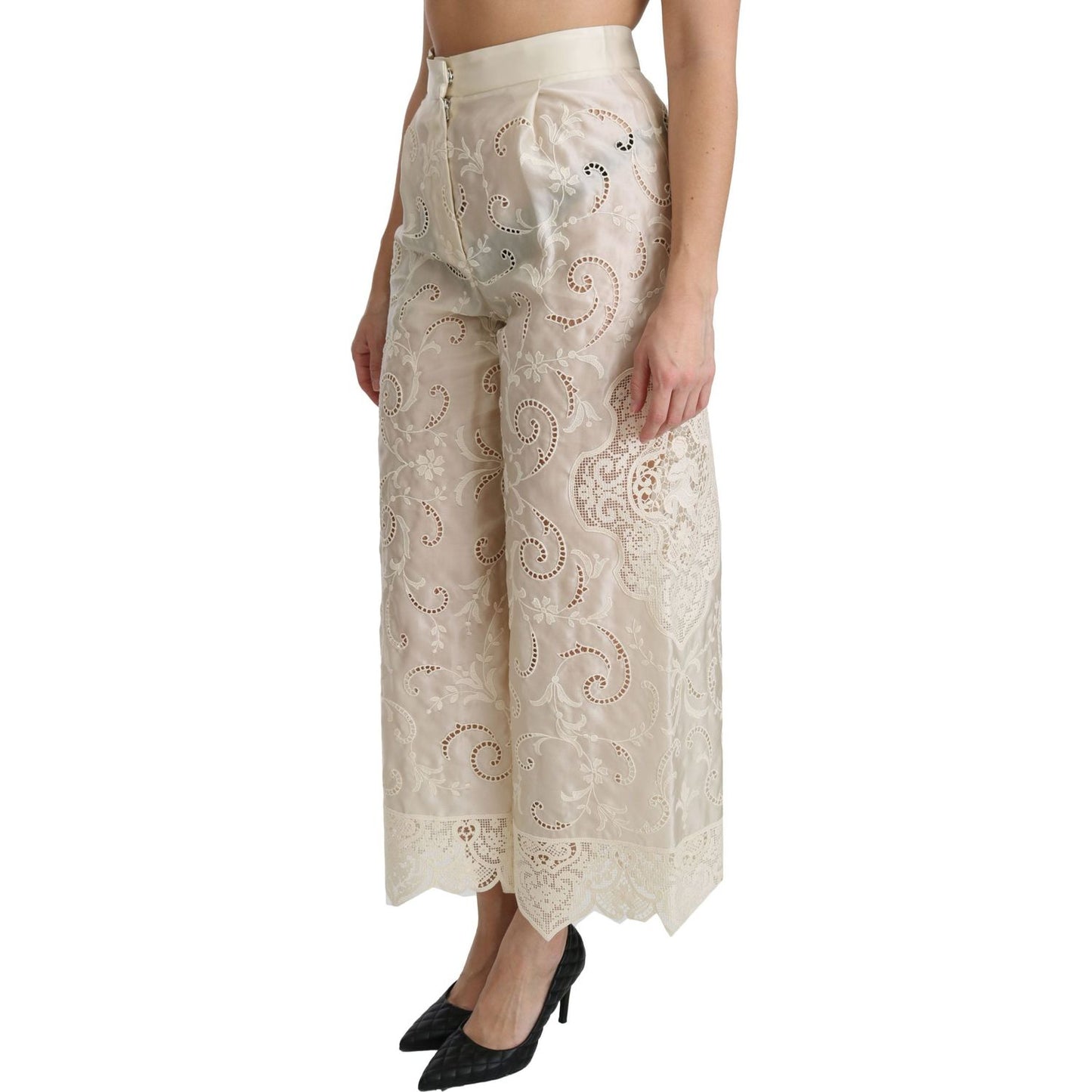 Dolce & Gabbana Elegant High Waist Palazzo Cropped Pants cream-lace-high-waist-palazzo-cropped-pants