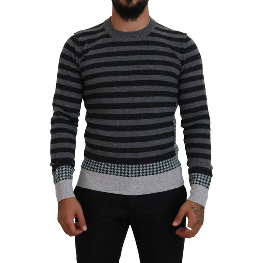 Dolce & Gabbana Elegant Striped Wool Crewneck Sweater black-gray-wool-logo-pullover-sweater