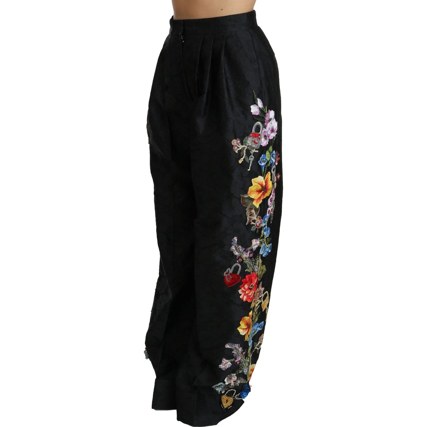 Dolce & Gabbana Elegant High Waist Wide Leg Floral Pants Jeans & Pants black-brocade-floral-sequined-beaded-pants