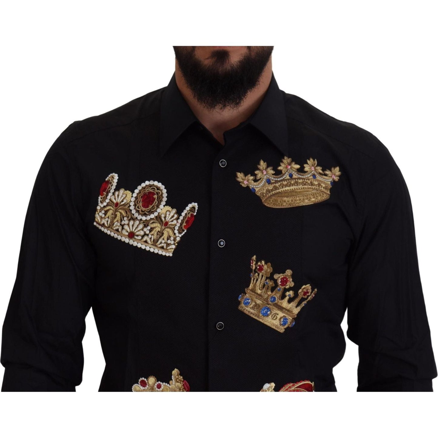 Dolce & Gabbana Elegant Black Slim Fit Dress Shirt with Crown Embroidery black-gold-crown-slim-fit-dress-formal-shirt