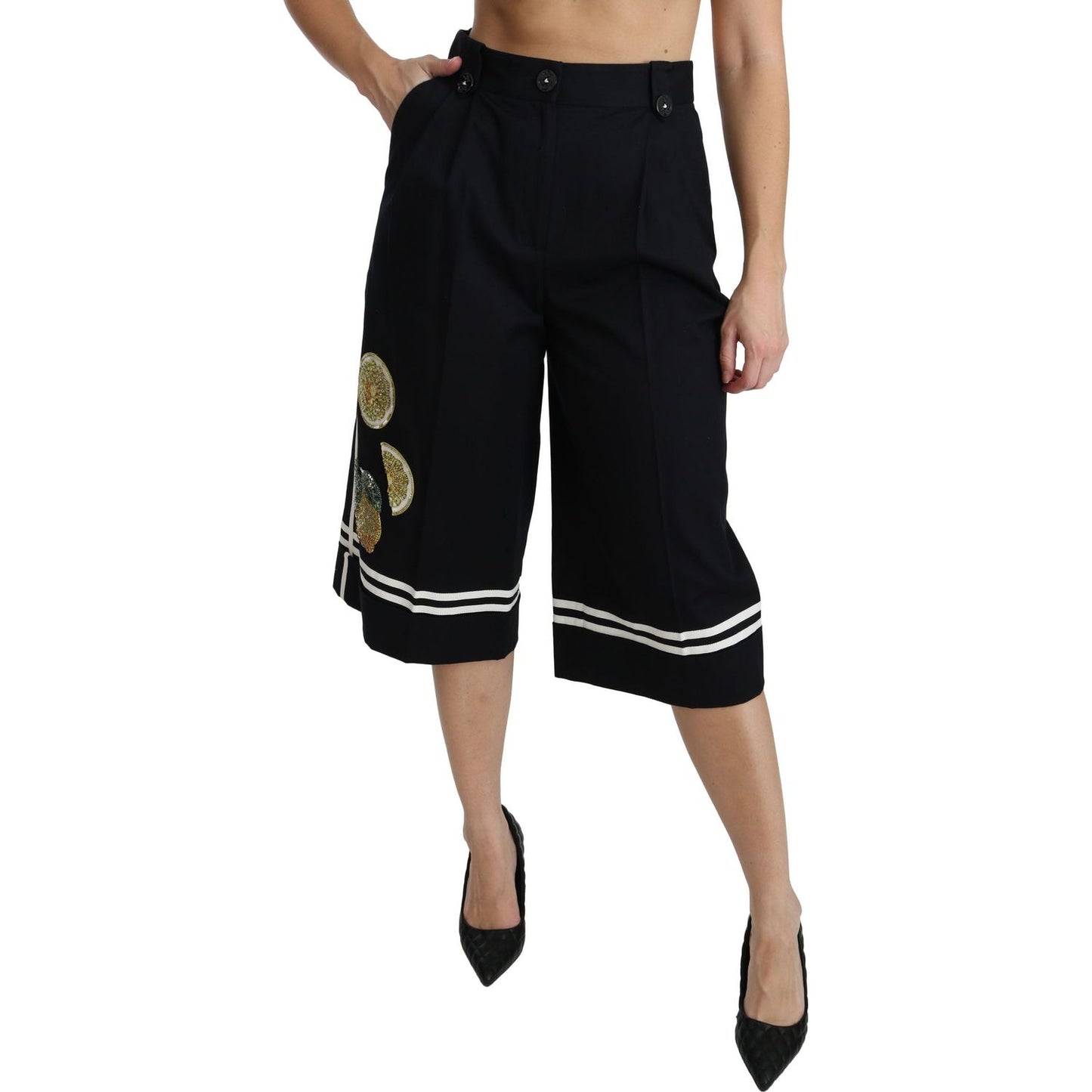 Dolce & Gabbana High Waist Palazzo Cropped Pants in Black Lemon Jeans & Pants black-lemon-embellished-palazzo-cropped-pants