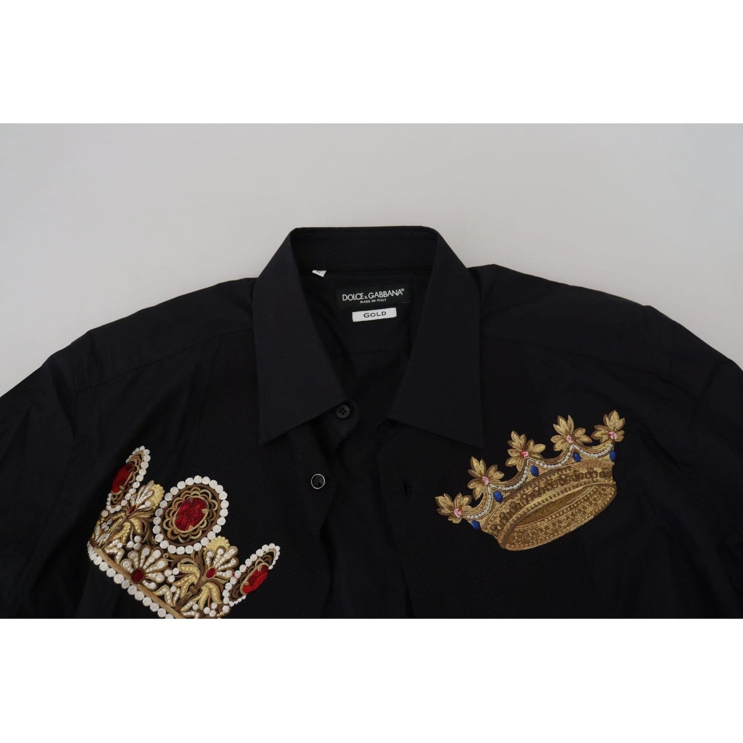 Dolce & Gabbana Elegant Black Slim Fit Dress Shirt with Crown Embroidery black-gold-crown-slim-fit-dress-formal-shirt