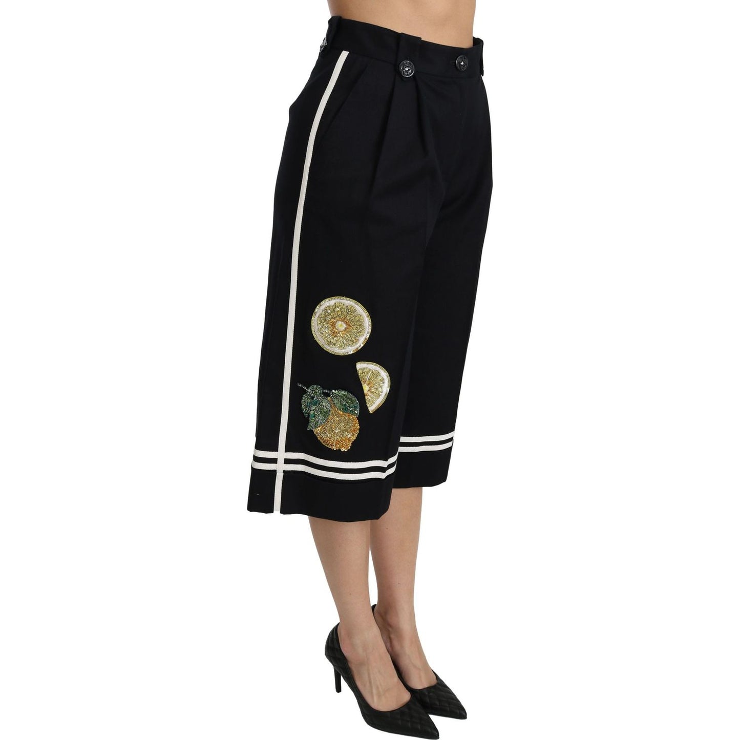 Dolce & Gabbana High Waist Palazzo Cropped Pants in Black Lemon Jeans & Pants black-lemon-embellished-palazzo-cropped-pants