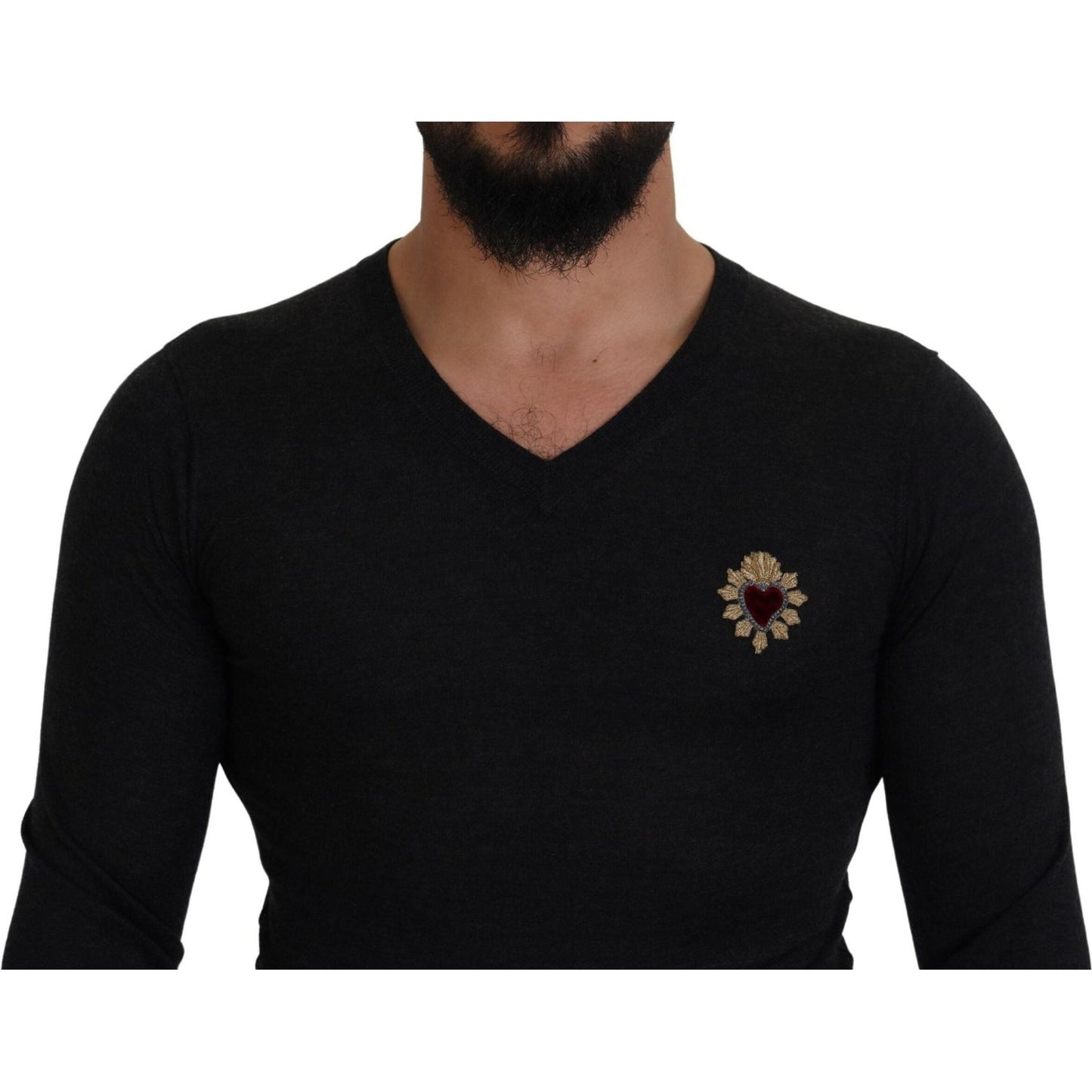 Dolce & Gabbana V-Neck Cashmere Sweater with Heart Embroidery gray-cashmere-v-neck-gold-heart-sweater