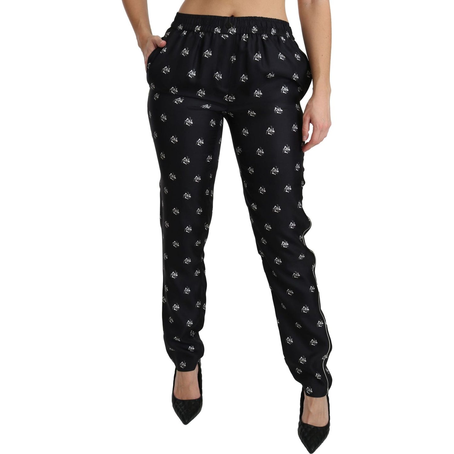 Dolce & Gabbana Elegant Mid Waist Skinny Silk Pants Jeans & Pants black-printed-mid-waist-skinny-silk-pants
