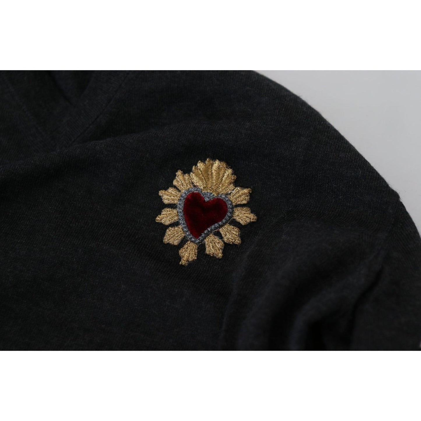 Dolce & Gabbana V-Neck Cashmere Sweater with Heart Embroidery gray-cashmere-v-neck-gold-heart-sweater