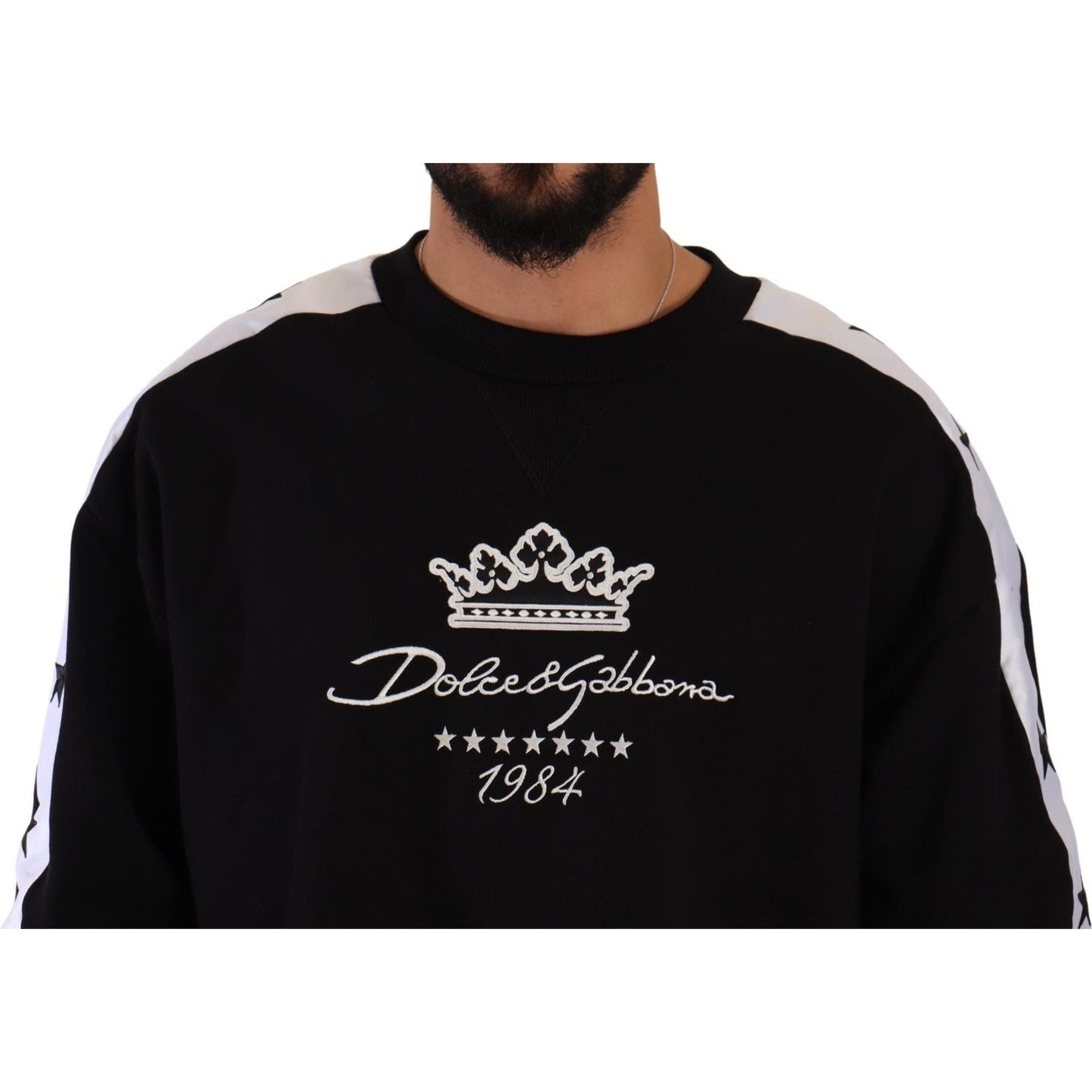 Dolce & Gabbana Elegant Crown 1984 Crewneck Sweater black-cotton-crewneck-crown-1984-stars-pullover-black