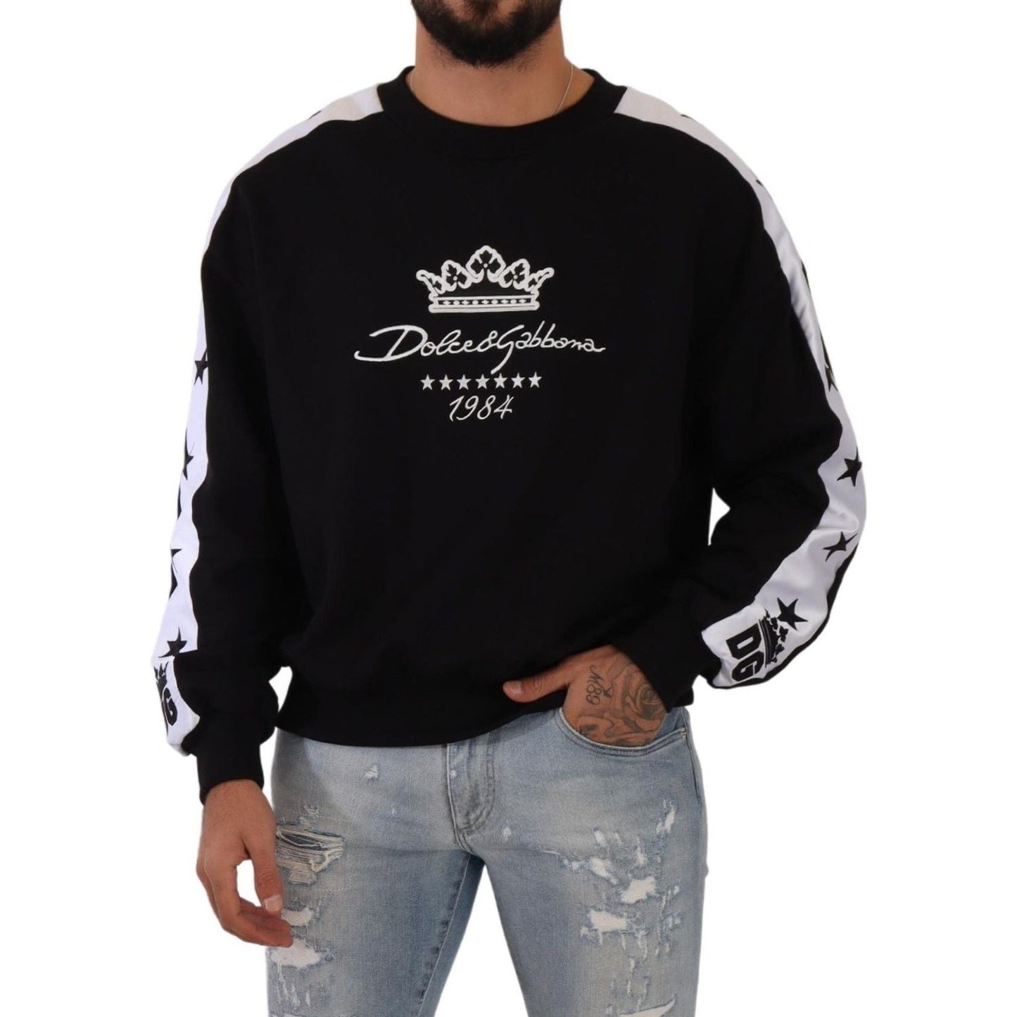 Dolce & Gabbana Elegant Crown 1984 Crewneck Sweater black-cotton-crewneck-crown-1984-stars-pullover-black