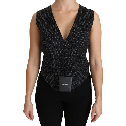 Dolce & Gabbana Chic Black Dotted Wool Blend Sleeveless Vest black-dotted-waistcoat-vest-blouse-top