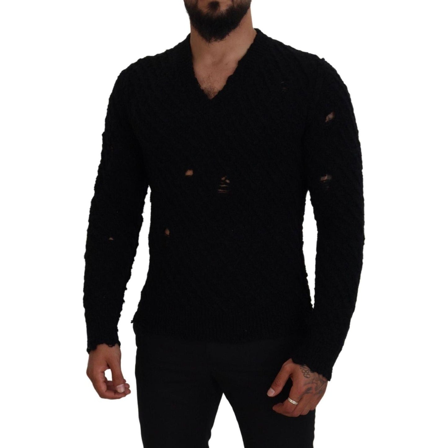 Dolce & Gabbana Elegant Black Wool-Blend V-Neck Sweater black-wool-v-neck-knitted-pullover-sweater