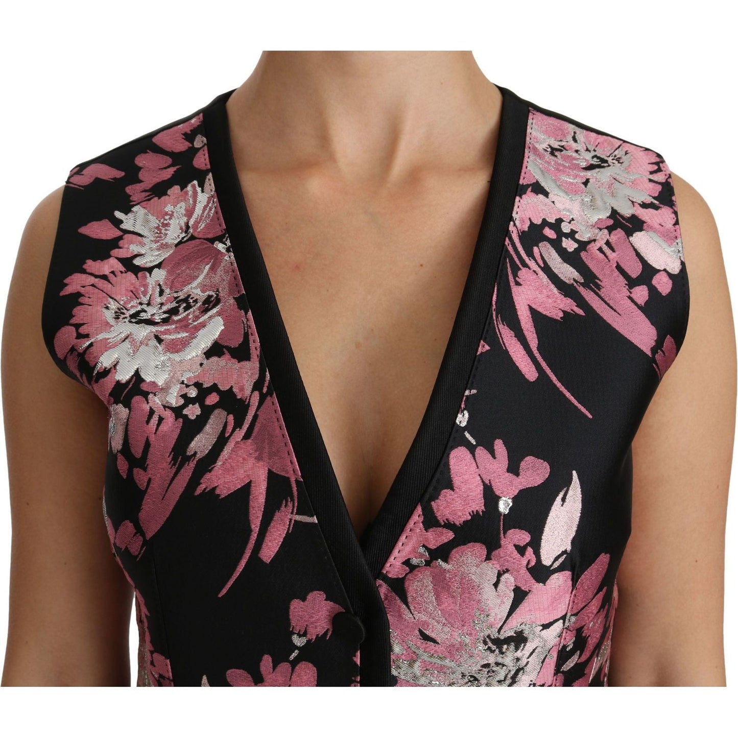 Dolce & Gabbana Elegant Floral Brocade Plunging Vest Top black-pink-floral-waistcoat-vest-blouse-top