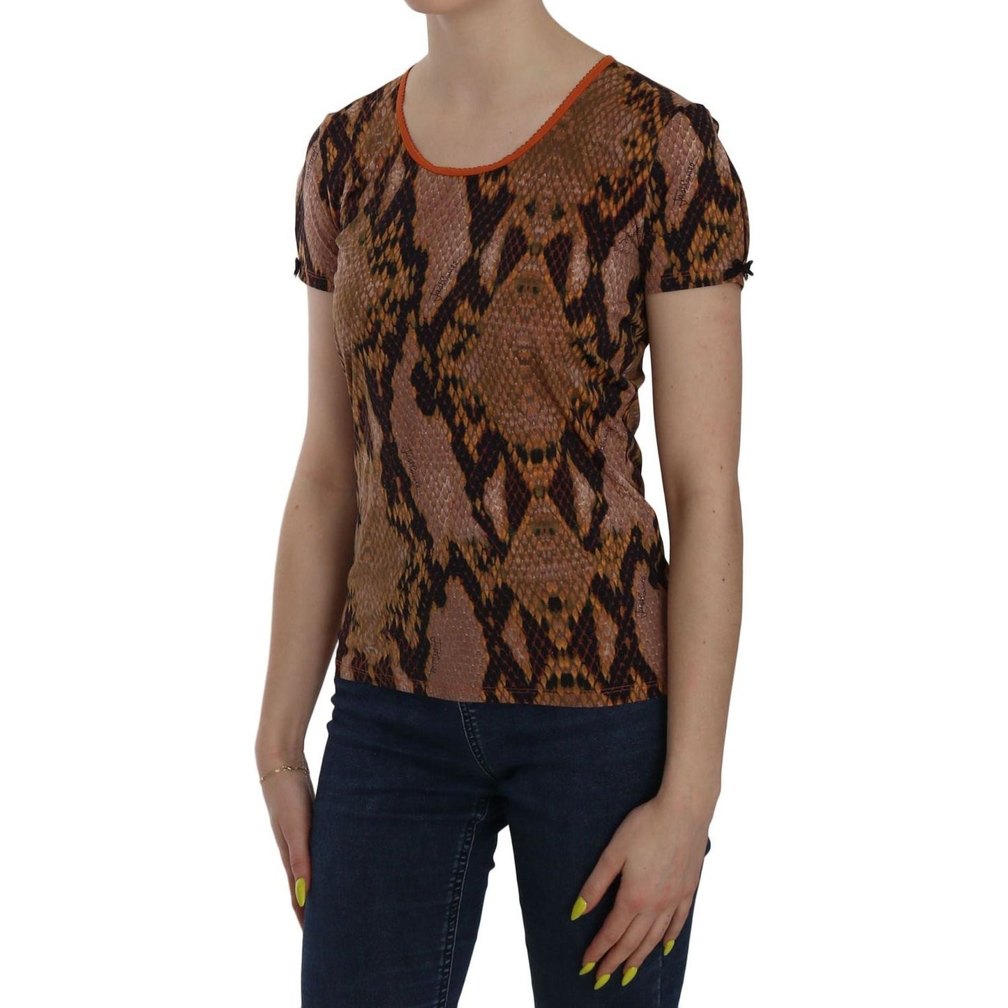 Just Cavalli Alluring Brown Snake Skin Pattern Blouse snake-skin-print-short-sleeve-top-t-shirt