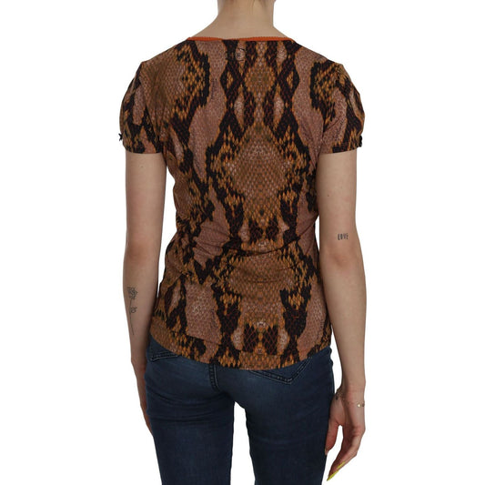 Just Cavalli Alluring Brown Snake Skin Pattern Blouse snake-skin-print-short-sleeve-top-t-shirt