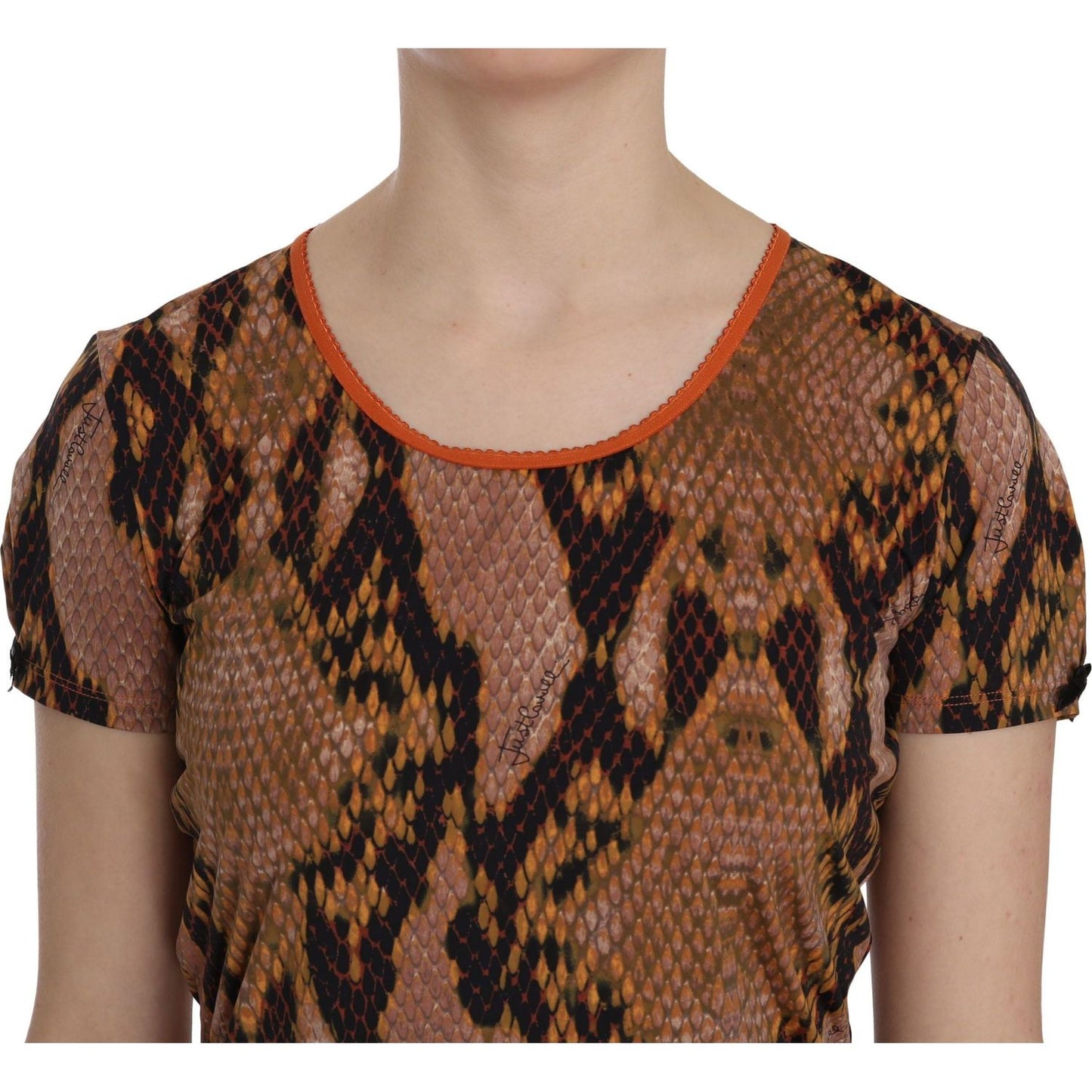 Just Cavalli Alluring Brown Snake Skin Pattern Blouse snake-skin-print-short-sleeve-top-t-shirt IMG_2249-scaled-b5e6aa2b-d62.jpg