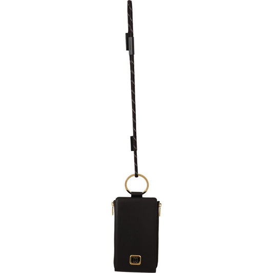 Dolce & Gabbana Elegant Black Leather Strapped Wallet WOMAN WALLETS black-leather-logo-plaque-neck-strap-card-coin-wallet